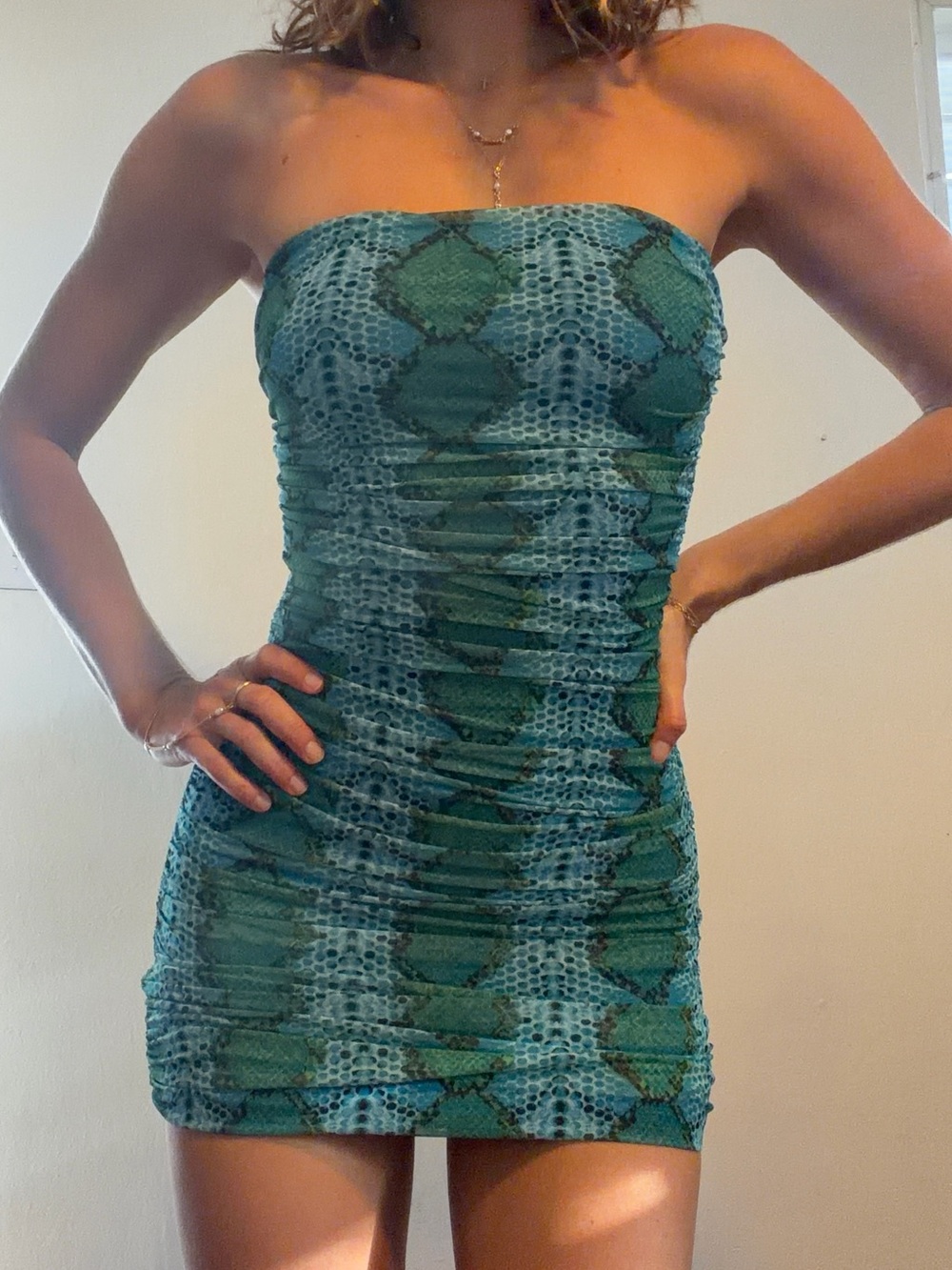 Strapless Green Snake-Print Bodycon Mini Dress